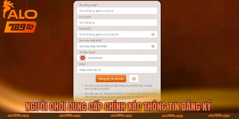 Người chơi cung cấp chính xác thông tin đăng ký 